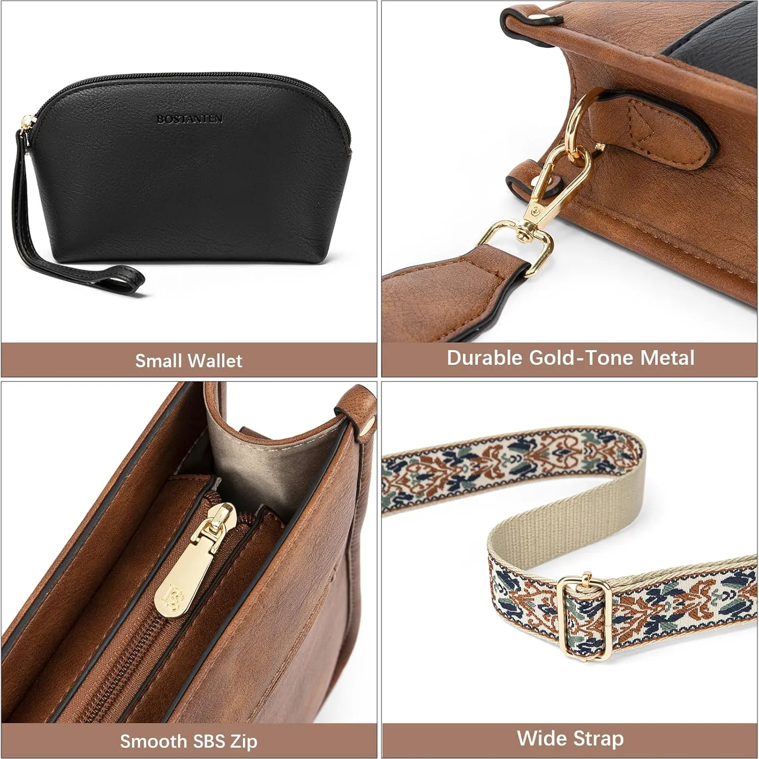 BOSTANTEN Crossbody Bags for Women Trendy Vegan Leather Hobo Handbags Fashion Shoulder Purse with Adjustable Guitar Strap