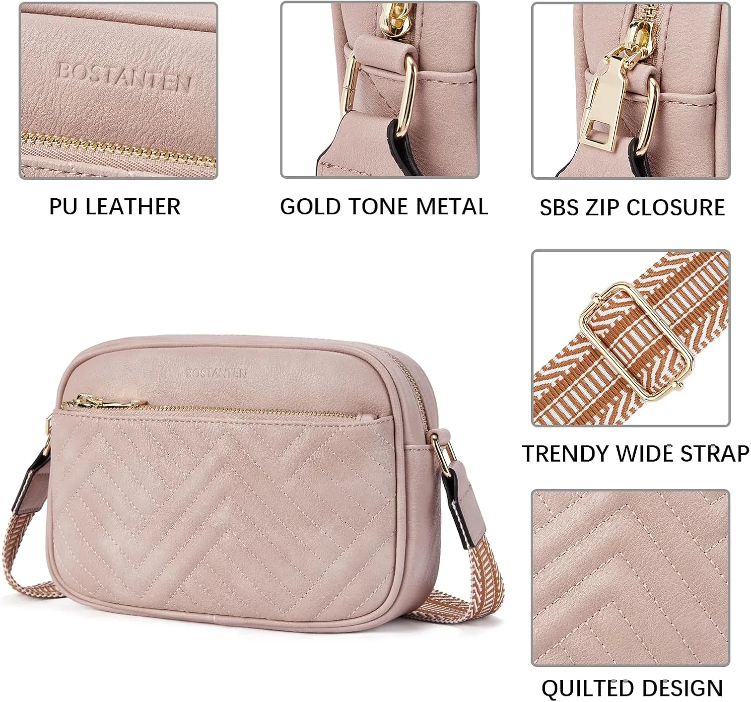 BOSTANTEN Quilted Crossbody Bags for Women Vegan Leather Purses Small Shoulder Handbags with Wide Strap