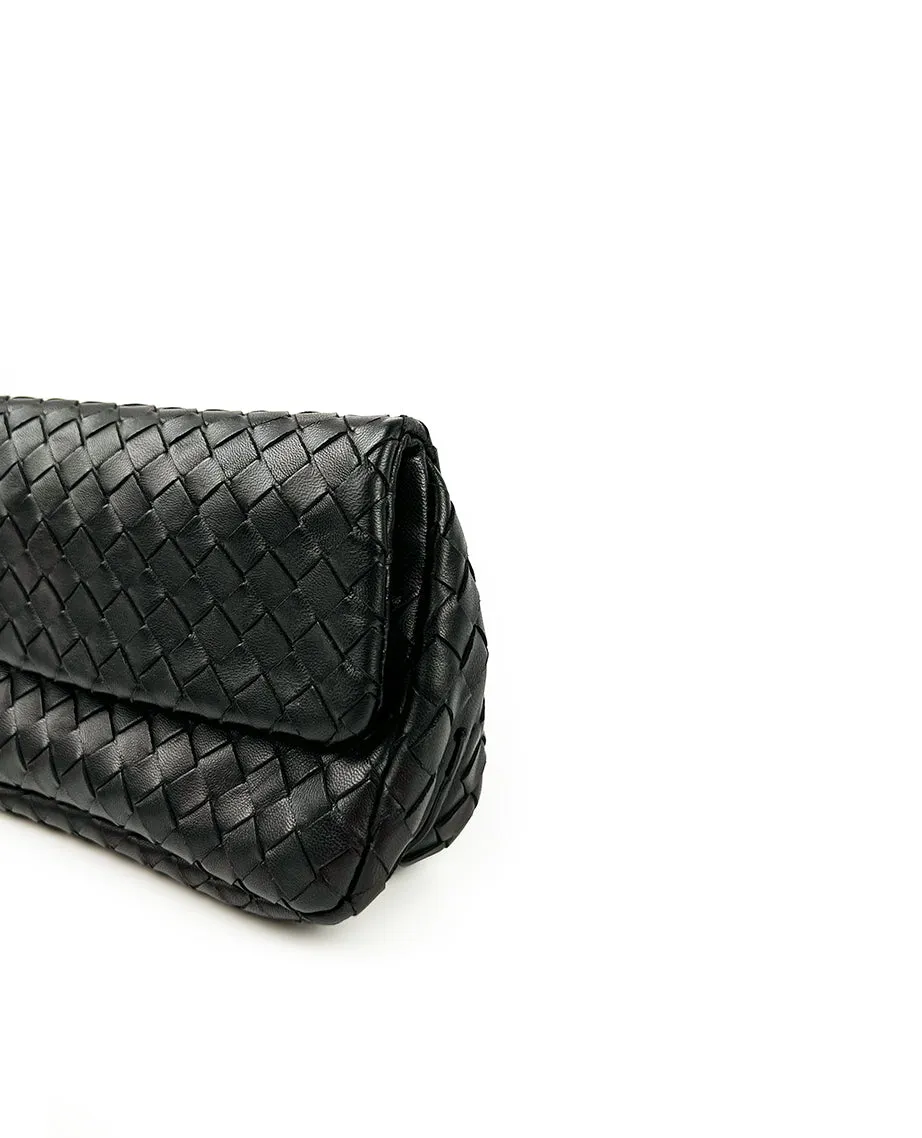 Bottega Veneta Intrecciato Leather Flap Chain Black Crossbody Bag
