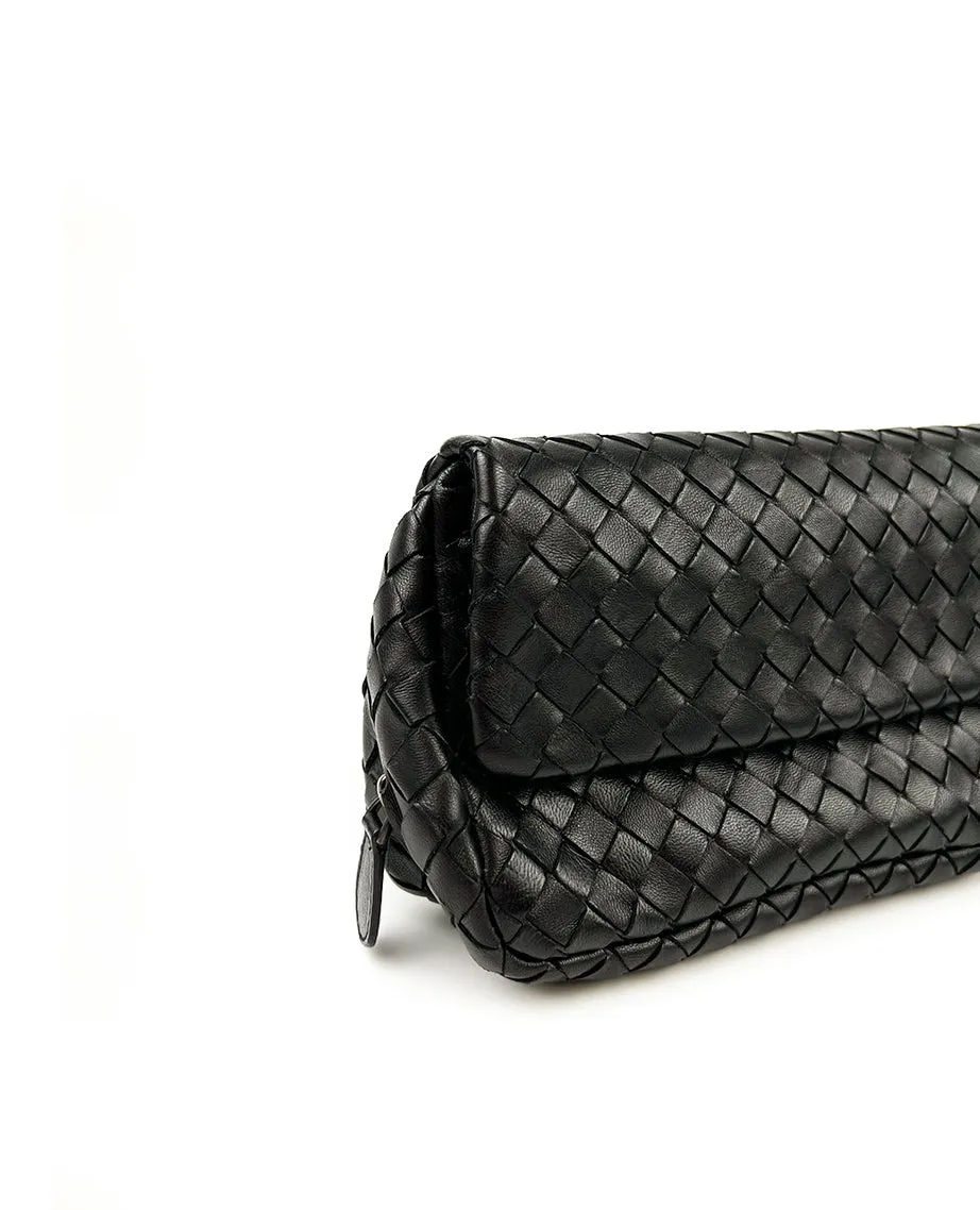 Bottega Veneta Intrecciato Leather Flap Chain Black Crossbody Bag