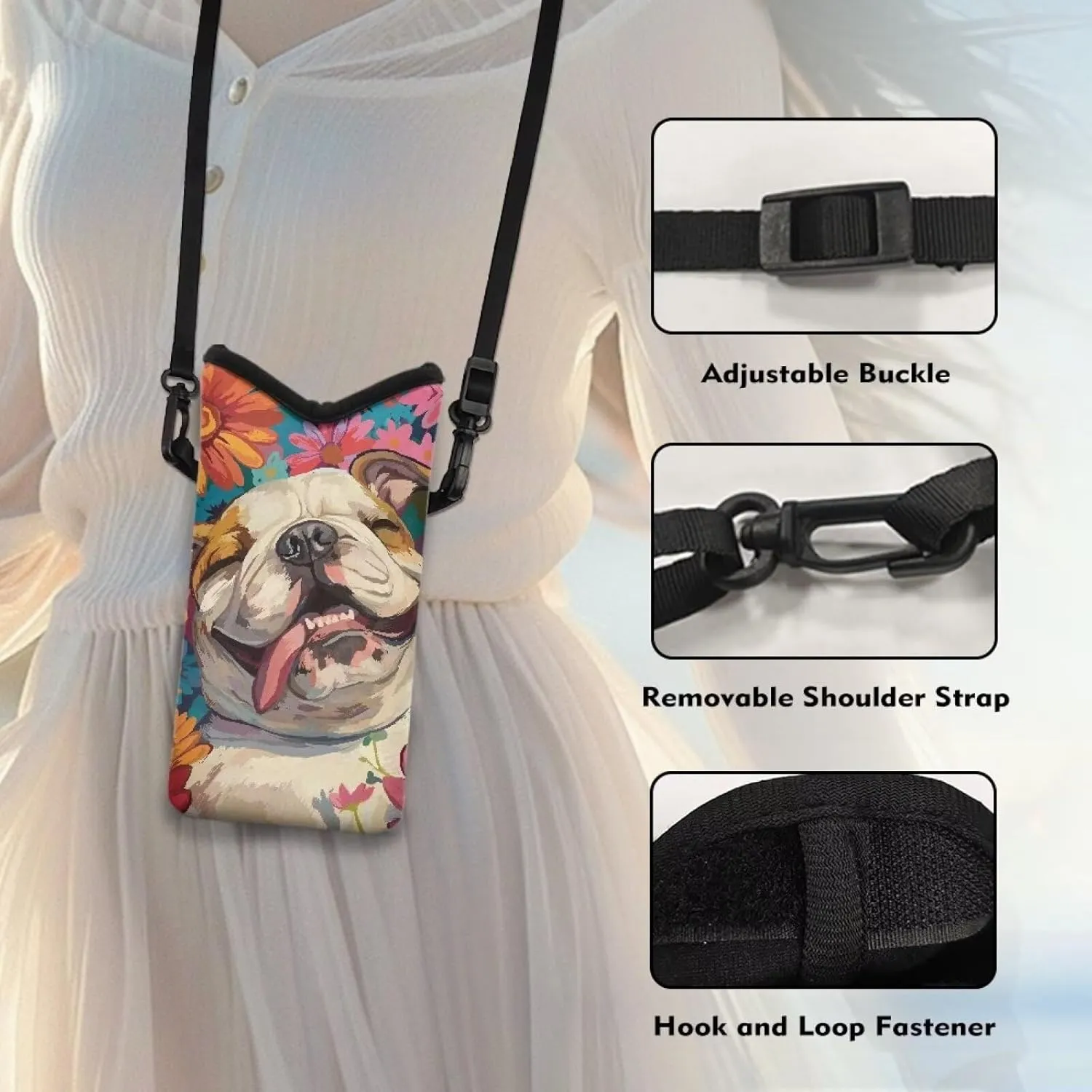 Bulldog Daisy Print Crossbody Bag Compact Cell Phone Shoulder Travel Purse Holder Cell Phone Purse for Women Men with Adjustable Strap Protective Phone Bag