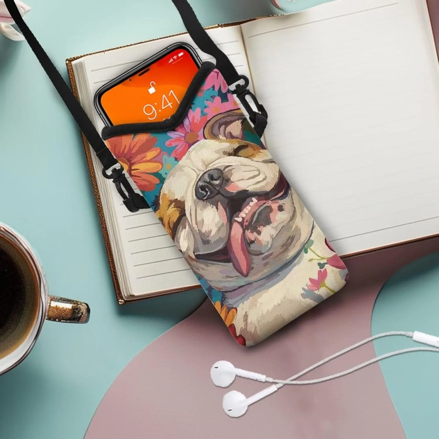 Bulldog Daisy Print Crossbody Bag Compact Cell Phone Shoulder Travel Purse Holder Cell Phone Purse for Women Men with Adjustable Strap Protective Phone Bag