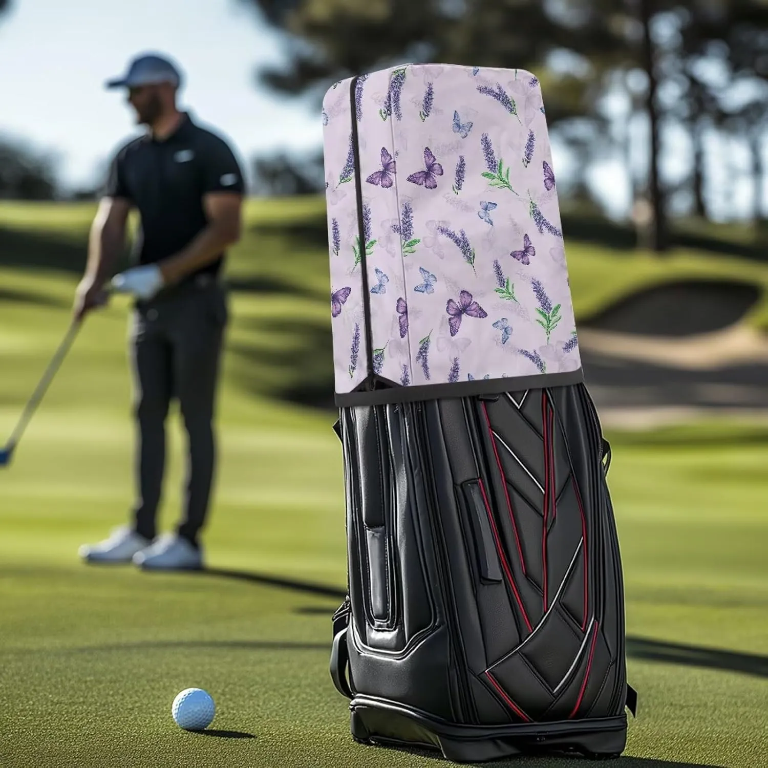 Butterfly Lavender Golf Bag Cover Hood Golf Bag Dust Cover for Clubs Protection with Snap Button and Zipper Easy Access One Size Fits All