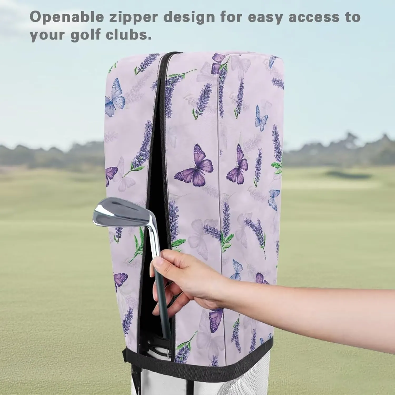 Butterfly Lavender Golf Bag Cover Hood Golf Bag Dust Cover for Clubs Protection with Snap Button and Zipper Easy Access One Size Fits All