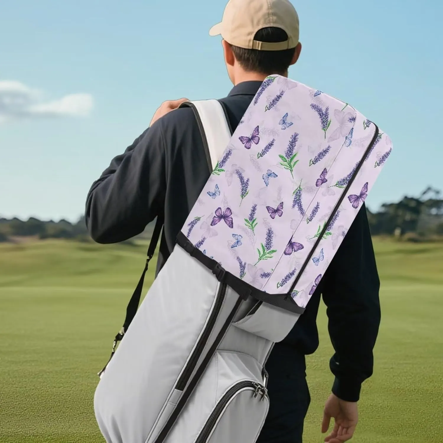 Butterfly Lavender Golf Bag Cover Hood Golf Bag Dust Cover for Clubs Protection with Snap Button and Zipper Easy Access One Size Fits All