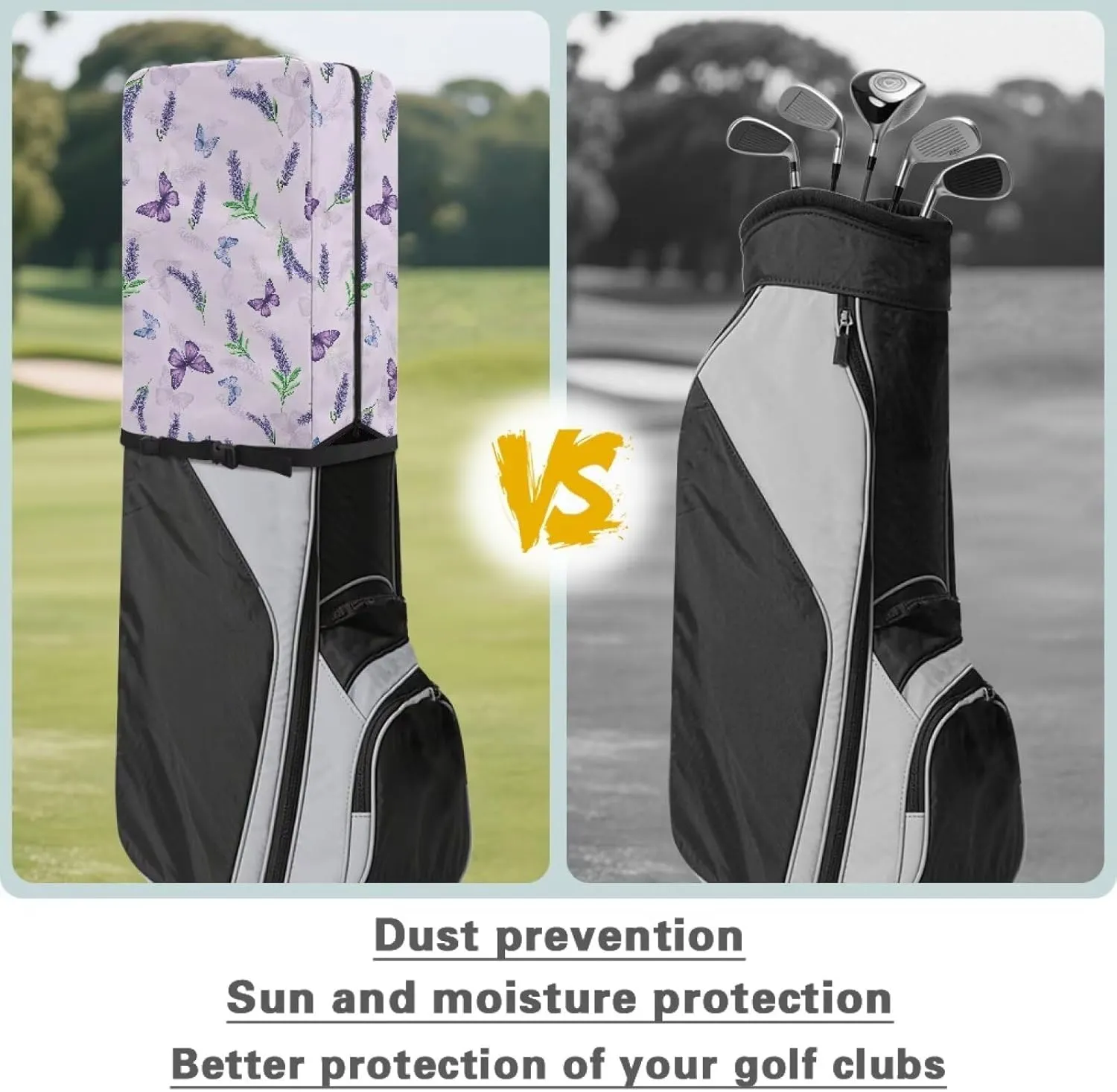 Butterfly Lavender Golf Bag Cover Hood Golf Bag Dust Cover for Clubs Protection with Snap Button and Zipper Easy Access One Size Fits All