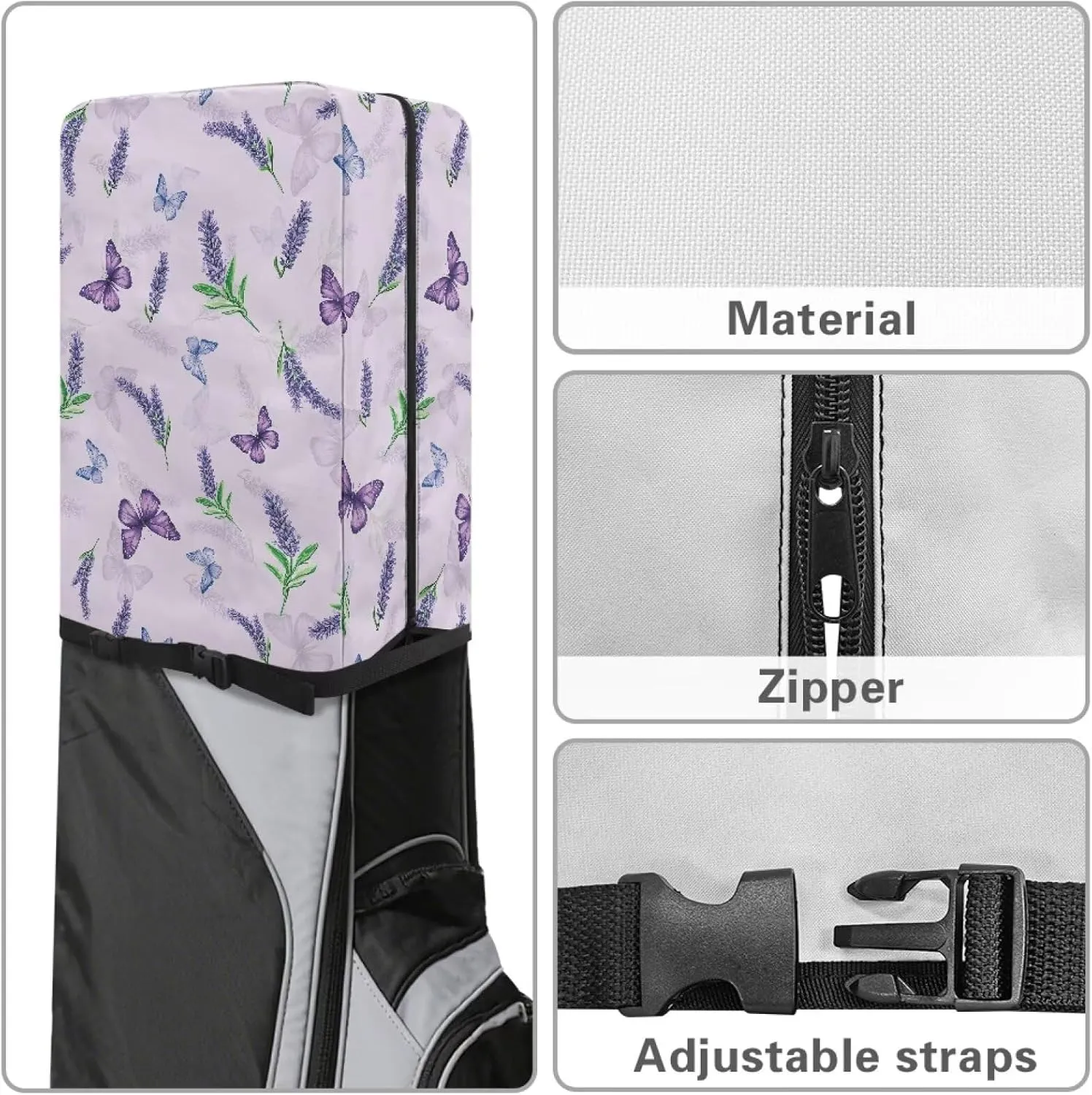 Butterfly Lavender Golf Bag Cover Hood Golf Bag Dust Cover for Clubs Protection with Snap Button and Zipper Easy Access One Size Fits All