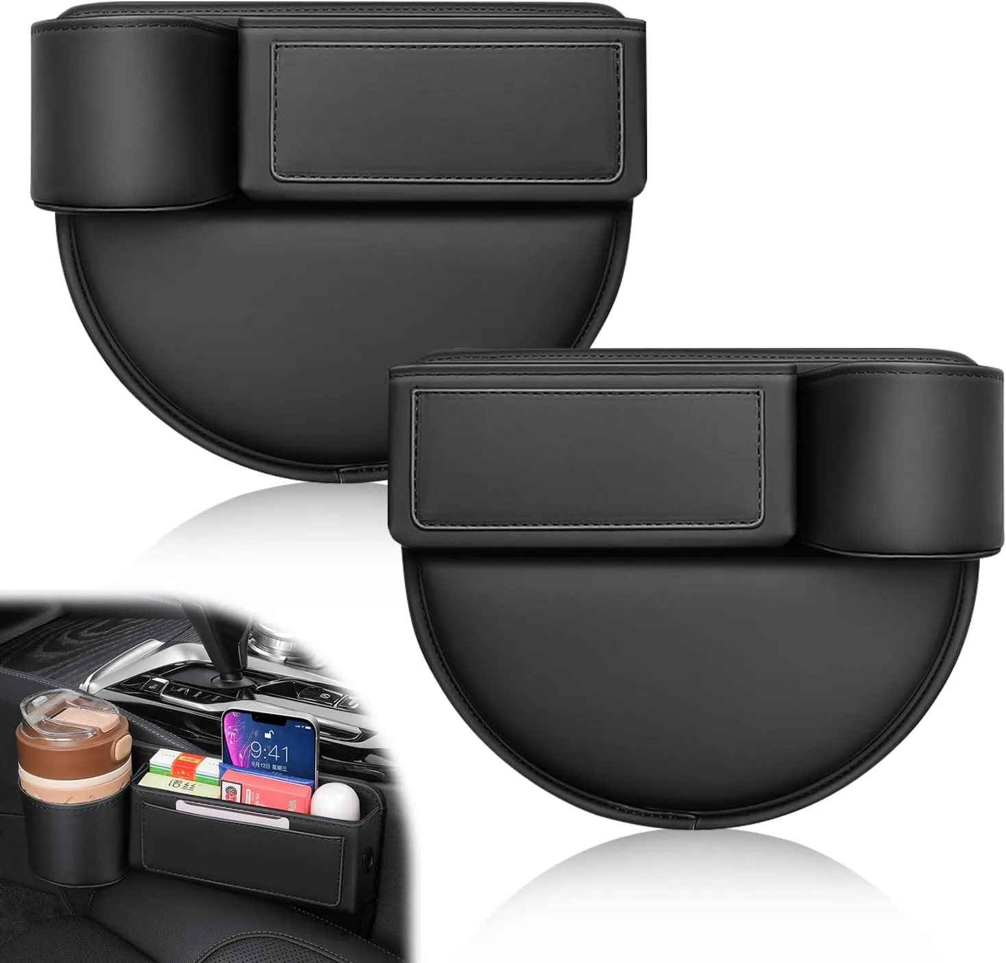 Car Leather Cup Holder Gap Bag, 2024 New Car Seat Gap Filler Organizer, Adjustable Car Gap Filler,Leather Cup Holder Gap Bag with Cup Holder for Phones Glasses Keys Cards