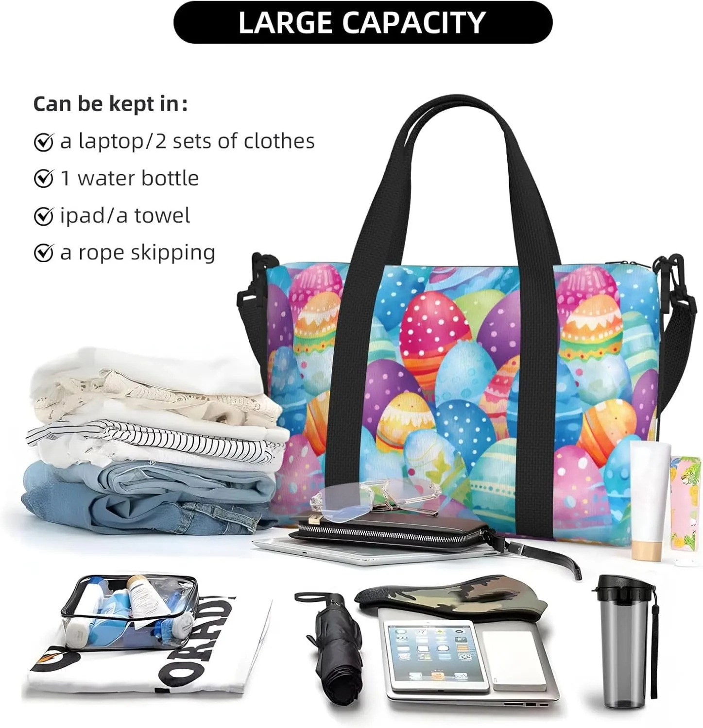 Cartoon Easter Eggs Travel Duffel Bags for Women Men, Sports Training Gym Bag Dance Bag with Adjustable Shoulder Strap Vintage Weekender Overnight Bag
