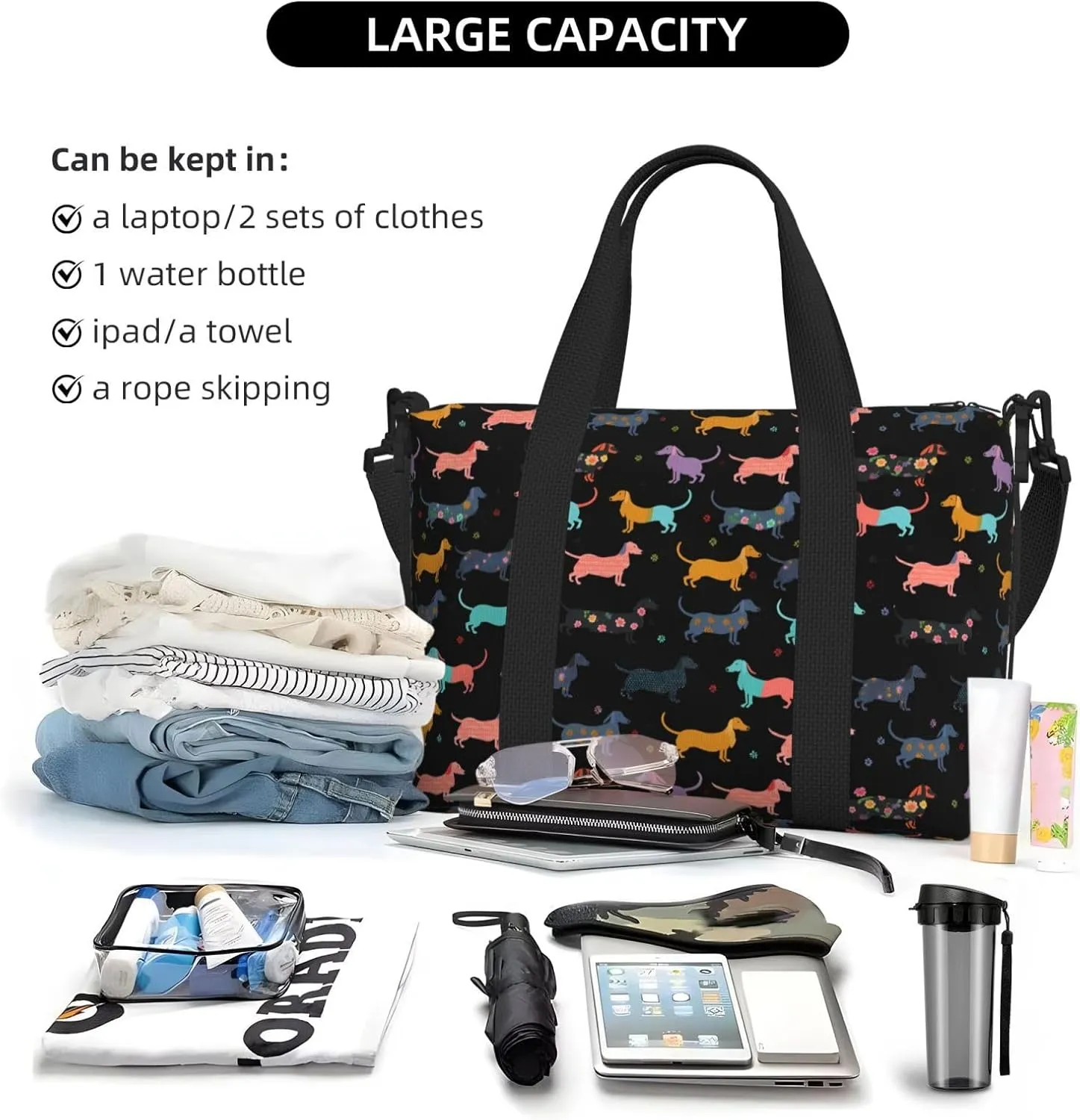 Cartoon Puppy Travel Duffel Bags for Women Men, Sports Training Gym Bag Dance Bag with Adjustable Shoulder Strap Funny Dogs Weekender Overnight Bag