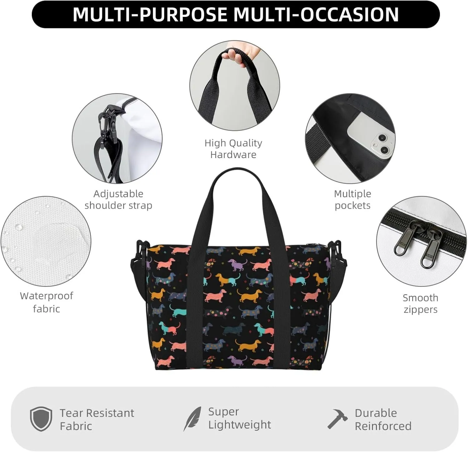 Cartoon Puppy Travel Duffel Bags for Women Men, Sports Training Gym Bag Dance Bag with Adjustable Shoulder Strap Funny Dogs Weekender Overnight Bag