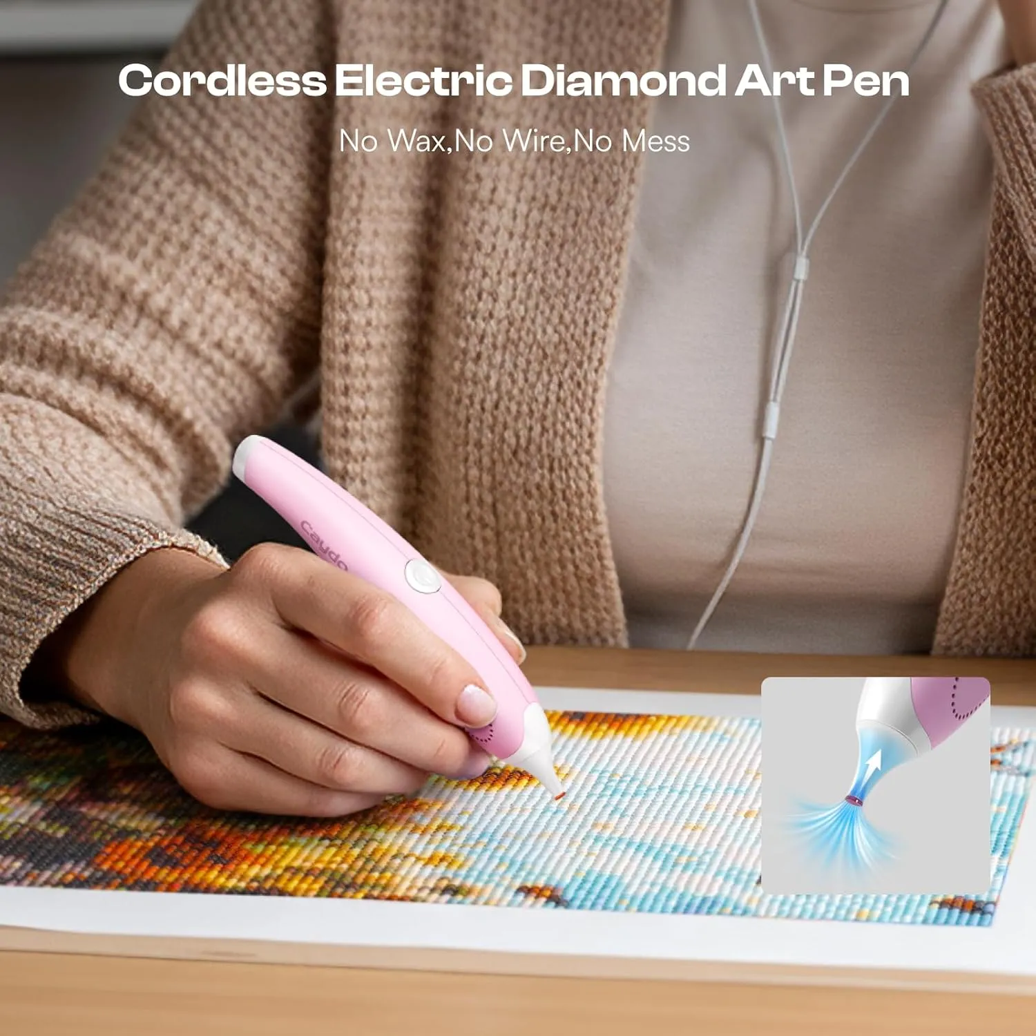 Caydo Cordless Electric Diamond Painting Pen, E-Painter for Diamond Painting - Diamond Art Pen with Vacuum Technology, Ergonomic Design & Storage Tray – No Wax, Patented (Pink)
