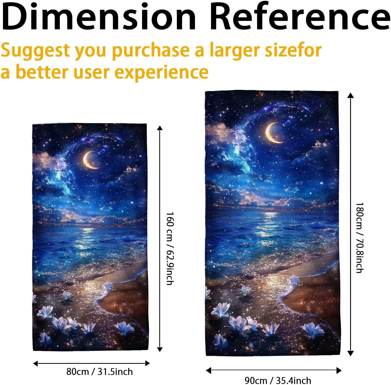 Celestial Ocean Waves Beach Towel Navy Night Sky with Moon, Quick Dry Absorbent Soft Sand Free Lightweight Blanket, Travel Essentials Picnic Camping Pool Outdoor 62x31 Inch
