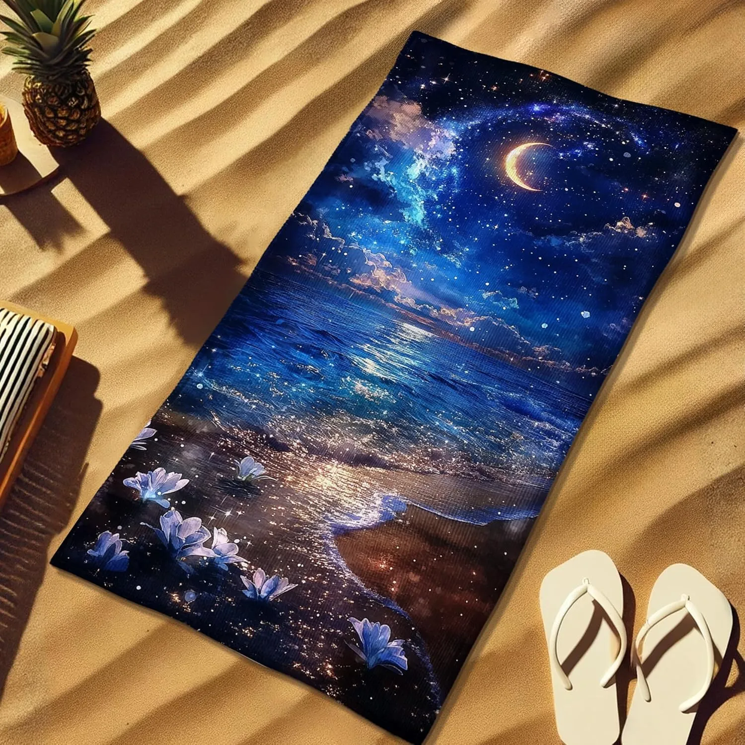Celestial Ocean Waves Beach Towel Navy Night Sky with Moon, Quick Dry Absorbent Soft Sand Free Lightweight Blanket, Travel Essentials Picnic Camping Pool Outdoor 62x31 Inch