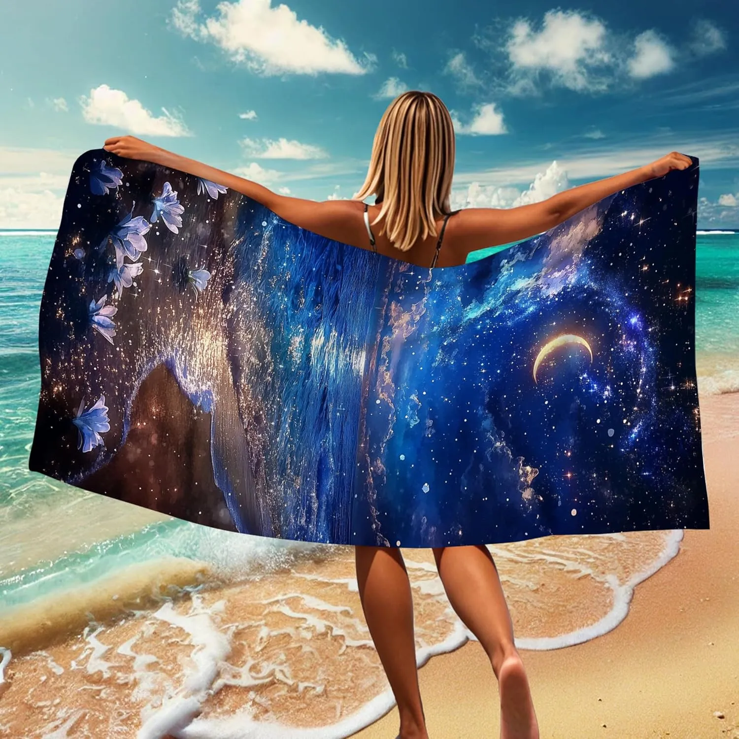 Celestial Ocean Waves Beach Towel Navy Night Sky with Moon, Quick Dry Absorbent Soft Sand Free Lightweight Blanket, Travel Essentials Picnic Camping Pool Outdoor 62x31 Inch