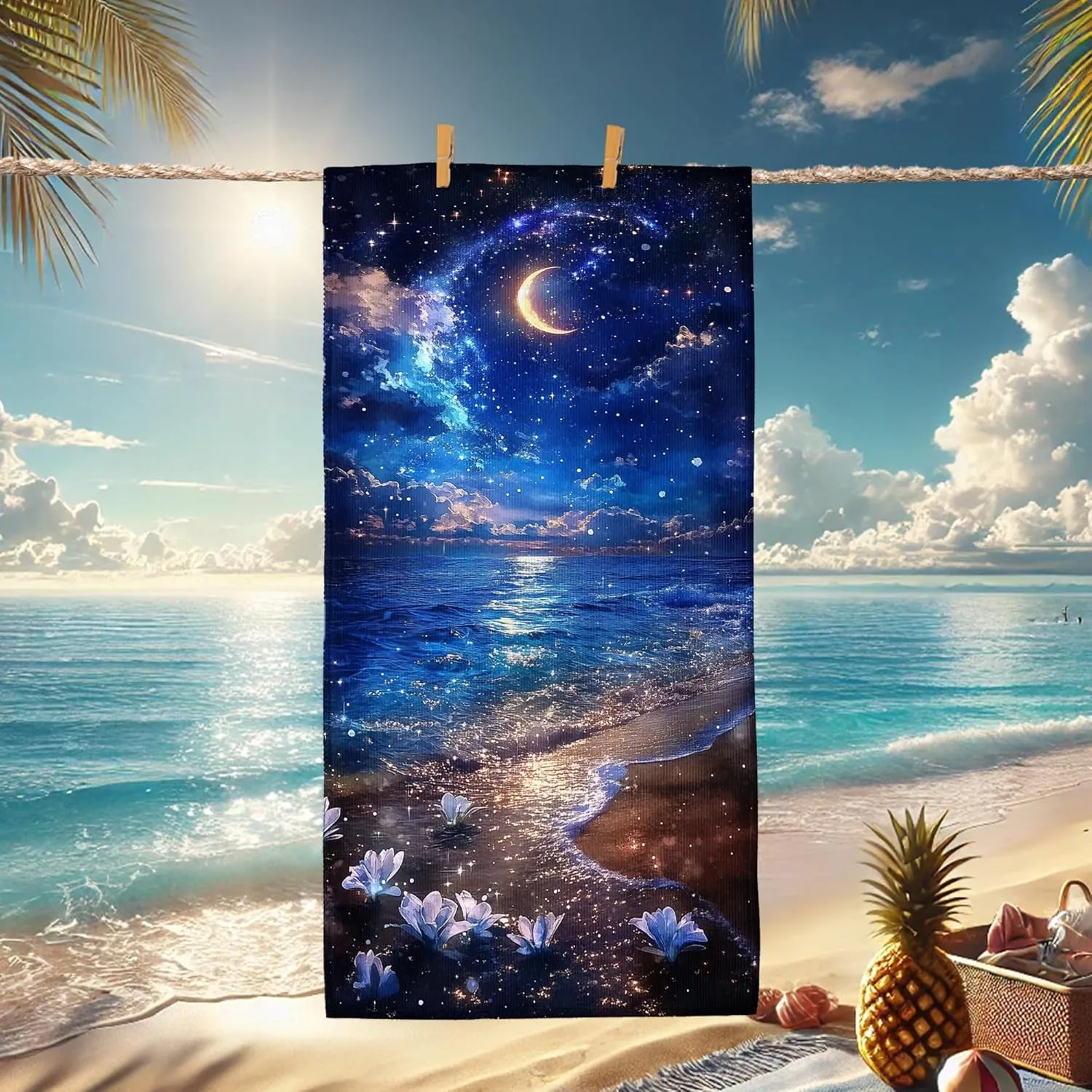 Celestial Ocean Waves Beach Towel Navy Night Sky with Moon, Quick Dry Absorbent Soft Sand Free Lightweight Blanket, Travel Essentials Picnic Camping Pool Outdoor 62x31 Inch