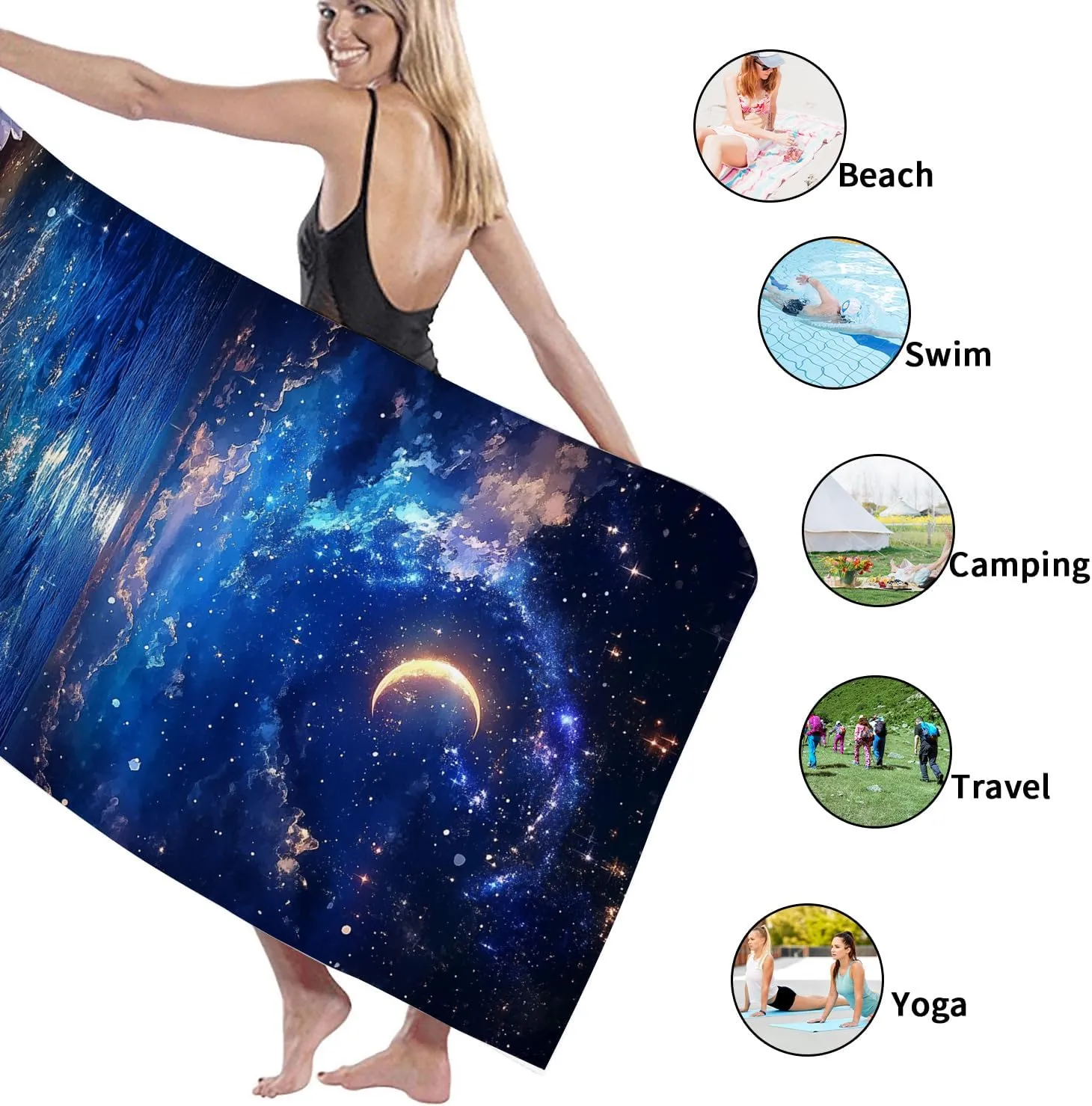 Celestial Ocean Waves Beach Towel Navy Night Sky with Moon, Quick Dry Absorbent Soft Sand Free Lightweight Blanket, Travel Essentials Picnic Camping Pool Outdoor 62x31 Inch