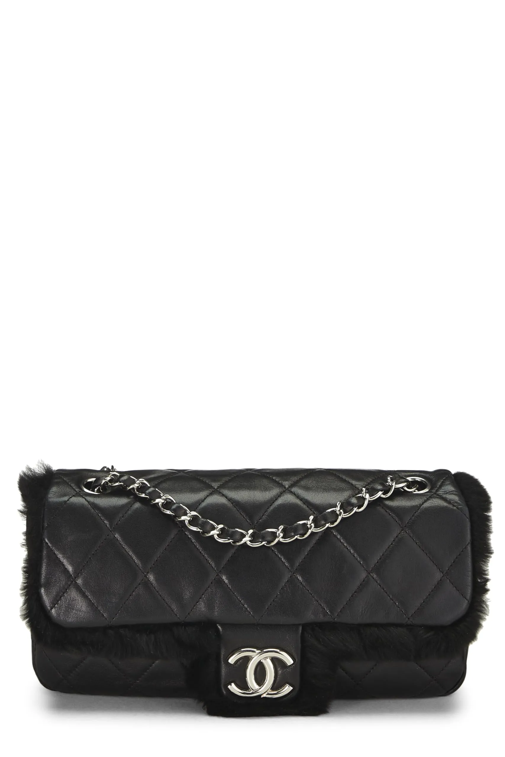 Chanel,  Black Quilted Lambskin Shearling Half Flap Medium, Black