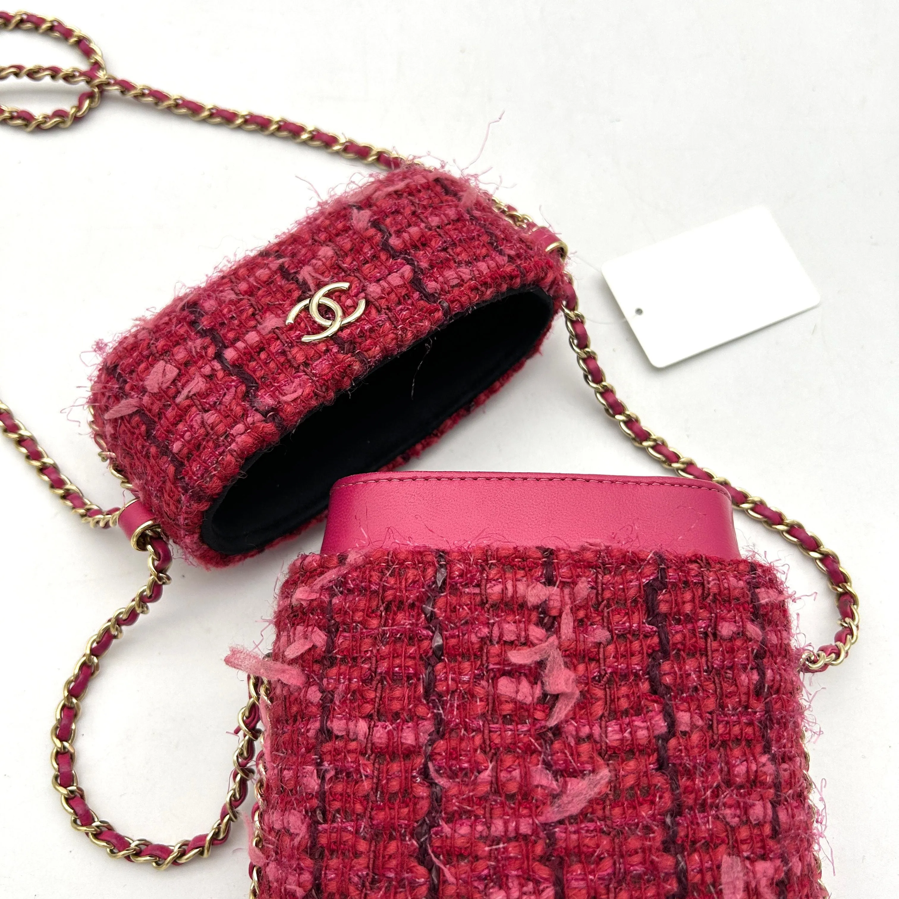 Chanel Tweed Chain Around Phone Holder Crossbody Bag - Pink Crossbody Bags, Handbags ch77157eh