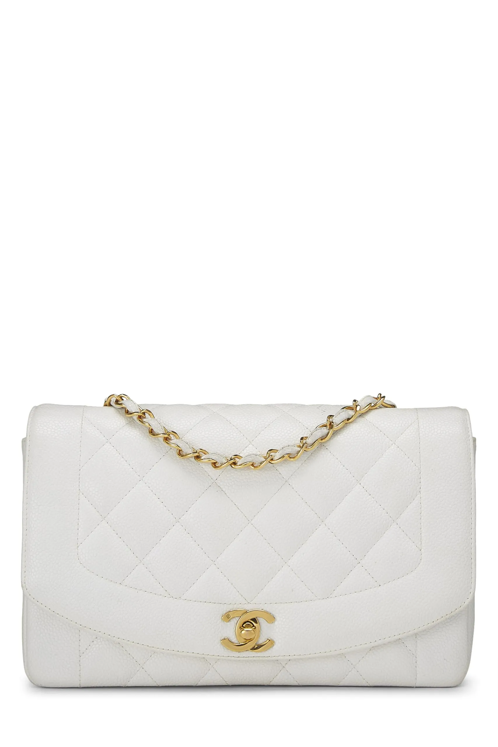 Chanel,  White Quilted Caviar Diana Flap Medium, White
