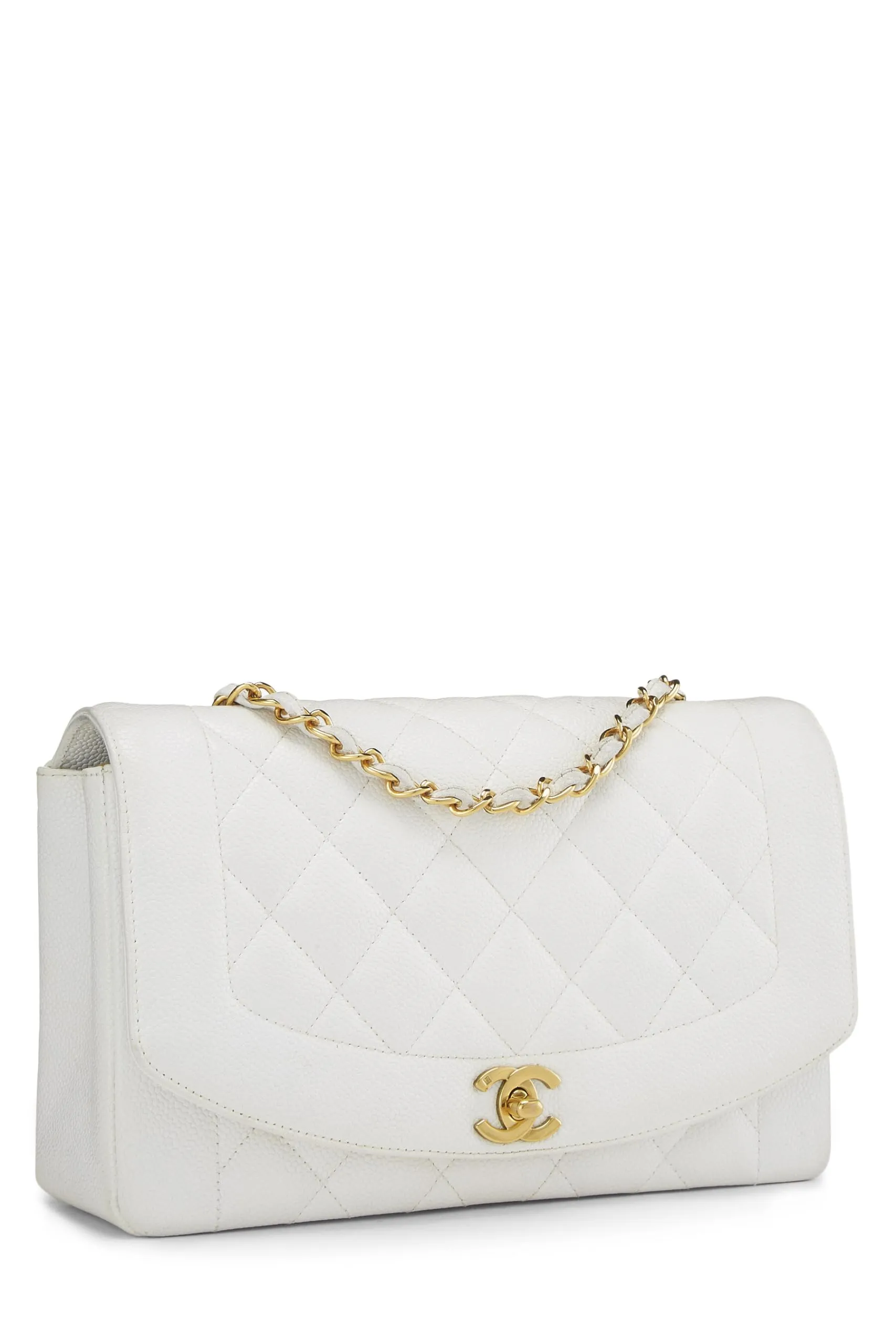 Chanel,  White Quilted Caviar Diana Flap Medium, White