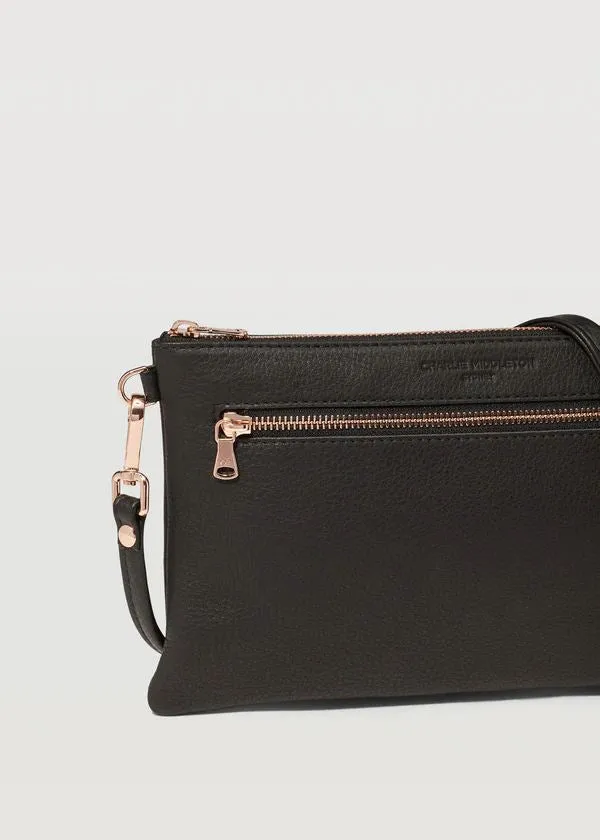 CHARLIE MIDDLETON Black Nappa Dual Zip Crossbody Bag - Silver