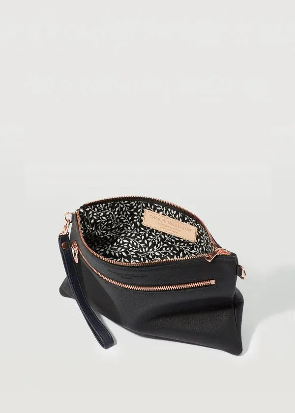 CHARLIE MIDDLETON Black Nappa Dual Zip Crossbody Bag - Silver