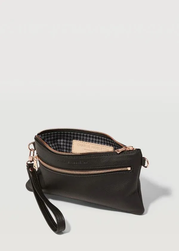 CHARLIE MIDDLETON Black Nappa Mini Dual Zip Crossbody Bag - Gold