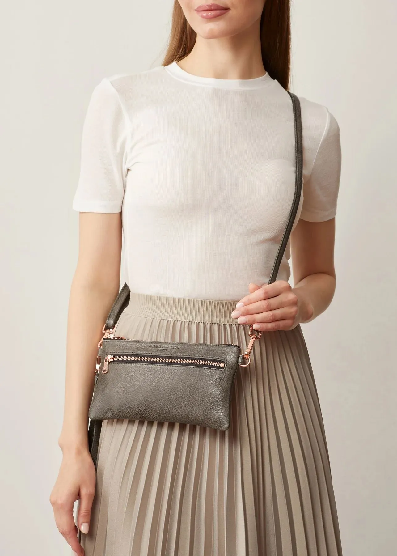 CHARLIE MIDDLETON Slate Mini Dual Zip Crossbody Bag - Silver