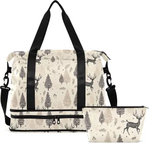 Christmas Deer Pine Gym Bag for Women & Men,Duffel Bag with Shoe Pocket,Weekender Overnight Bag with Trolley Sleeve for Travel 21215122