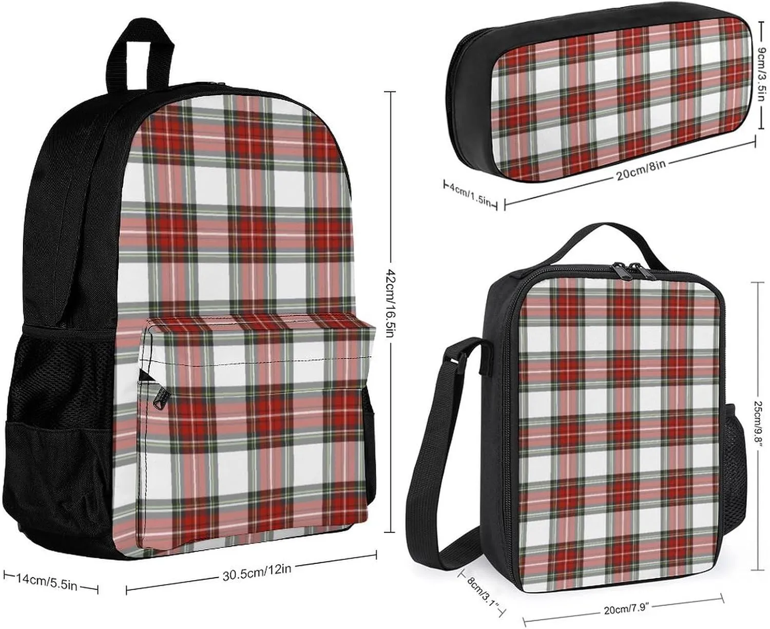 Christmas Grid Red Grid Lightweight Pocket Backpack Crossbody Lunch Bag Set Unisex