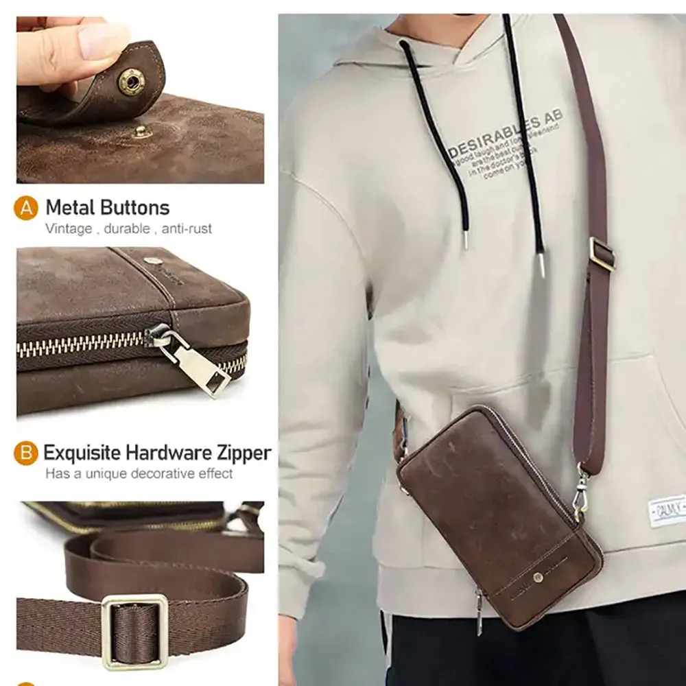 Classic Crazy Horse Leather Crossbody Bag for Travel