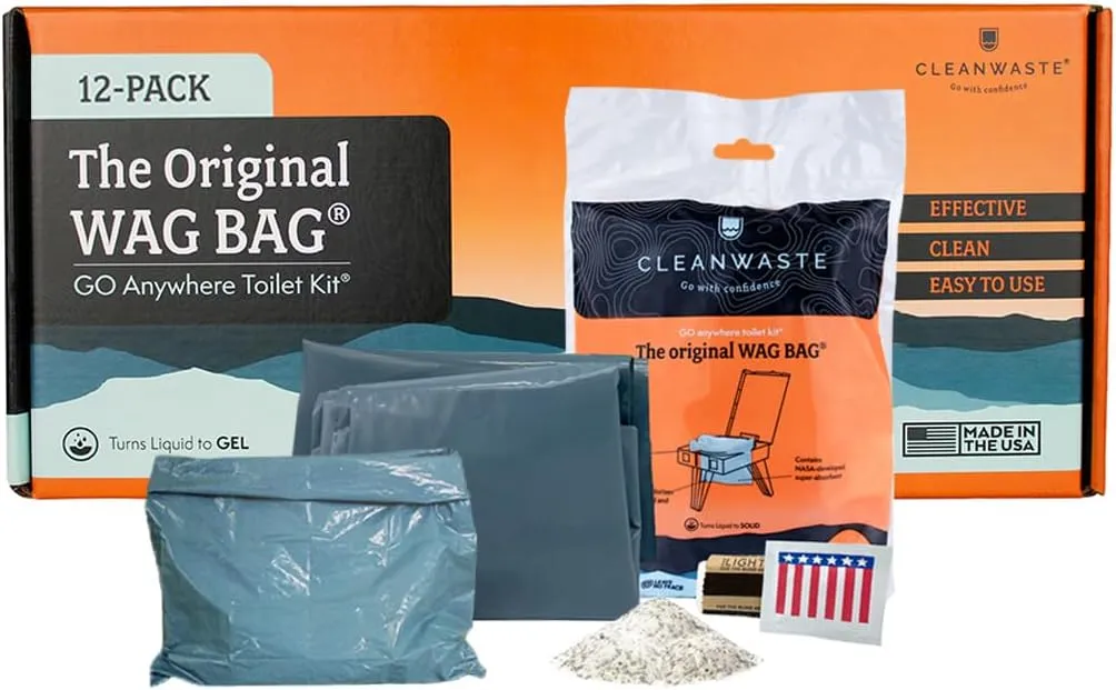 Cleanwaste Original WAG Bag Portable Toilet (12 Pack) - Go Anywhere Kit For Camping, Boating, Travel - NASA Gelling Powder for Poop/Pee