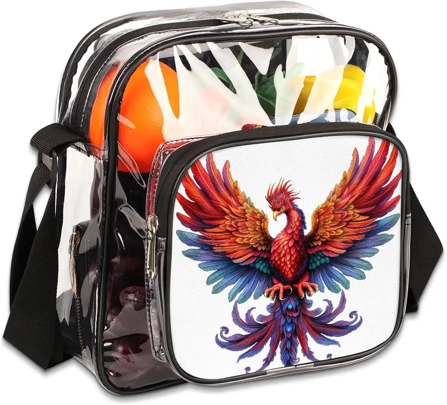 Clear Crossbody Bag Stadium Approved Red Phoenix Transparent Bag for Festivals, Sports Events, Concerts,Beach Bag for Women Men Clear Purse with Front Pocket Messenger Bag with Adjustable Strap