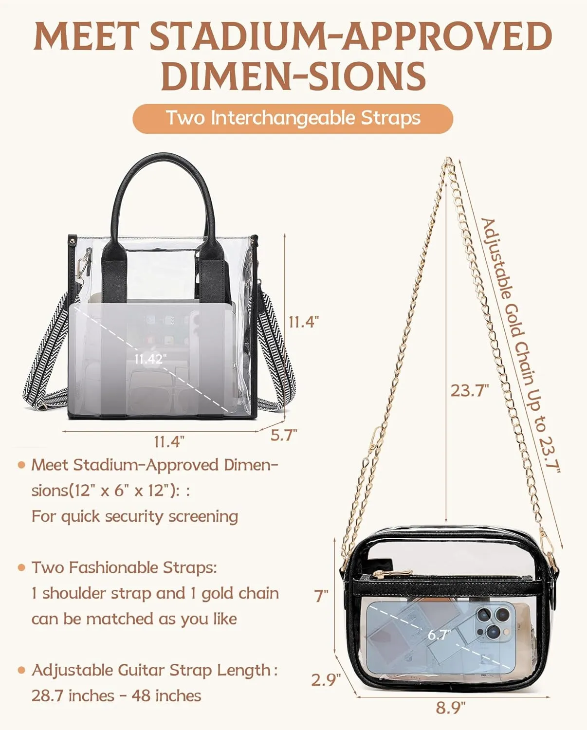 Clear Tote Bag for Stadium Events 2pcs, Clear Purse Stadium Approved Crossbody Bags for Women with Guitar Strap Gold Chain