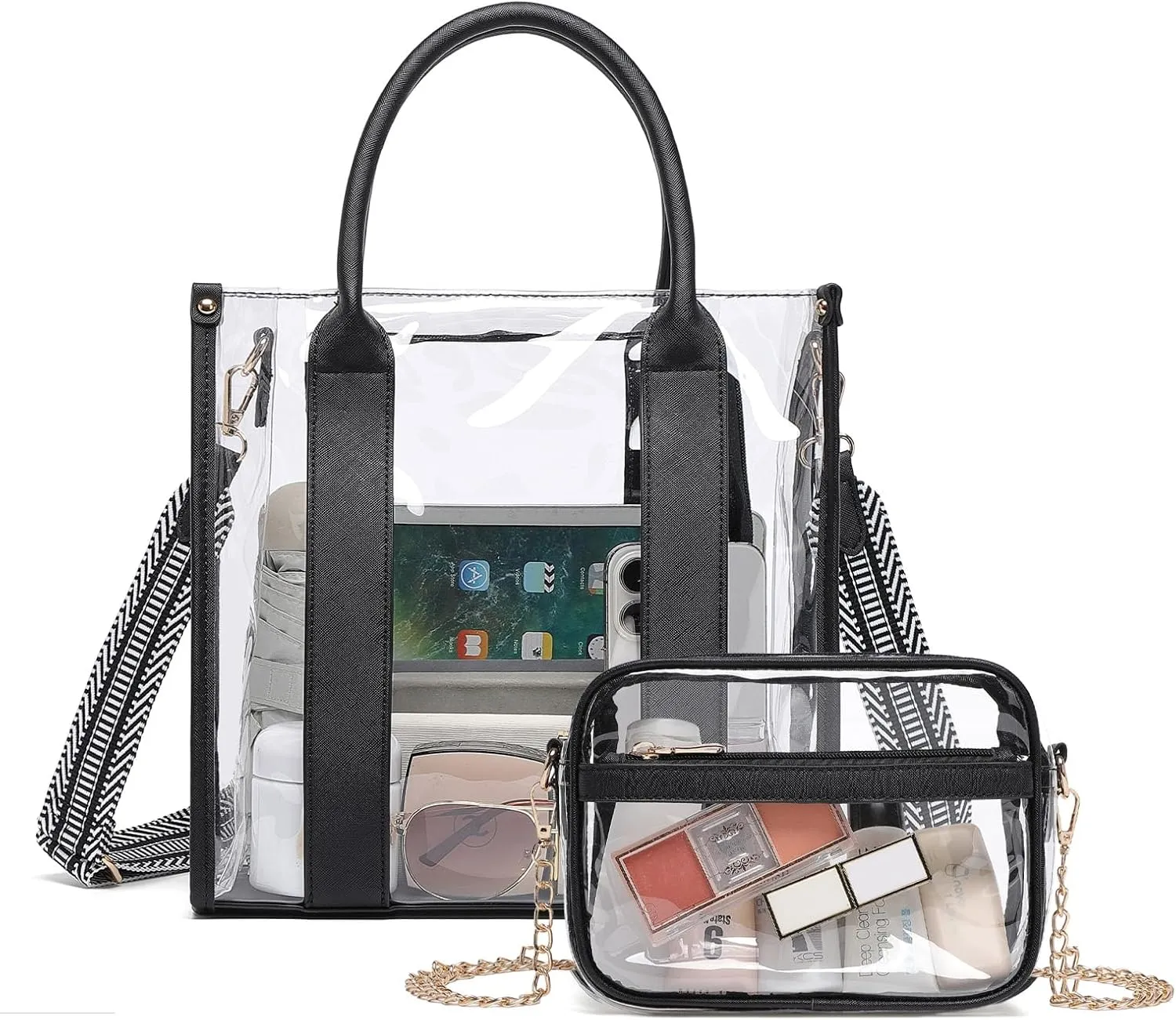 Clear Tote Bag for Stadium Events 2pcs, Clear Purse Stadium Approved Crossbody Bags for Women with Guitar Strap Gold Chain