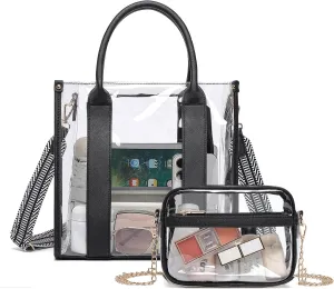Clear Tote Bag for Stadium Events 2pcs, Clear Purse Stadium Approved Crossbody Bags for Women with Guitar Strap Gold Chain