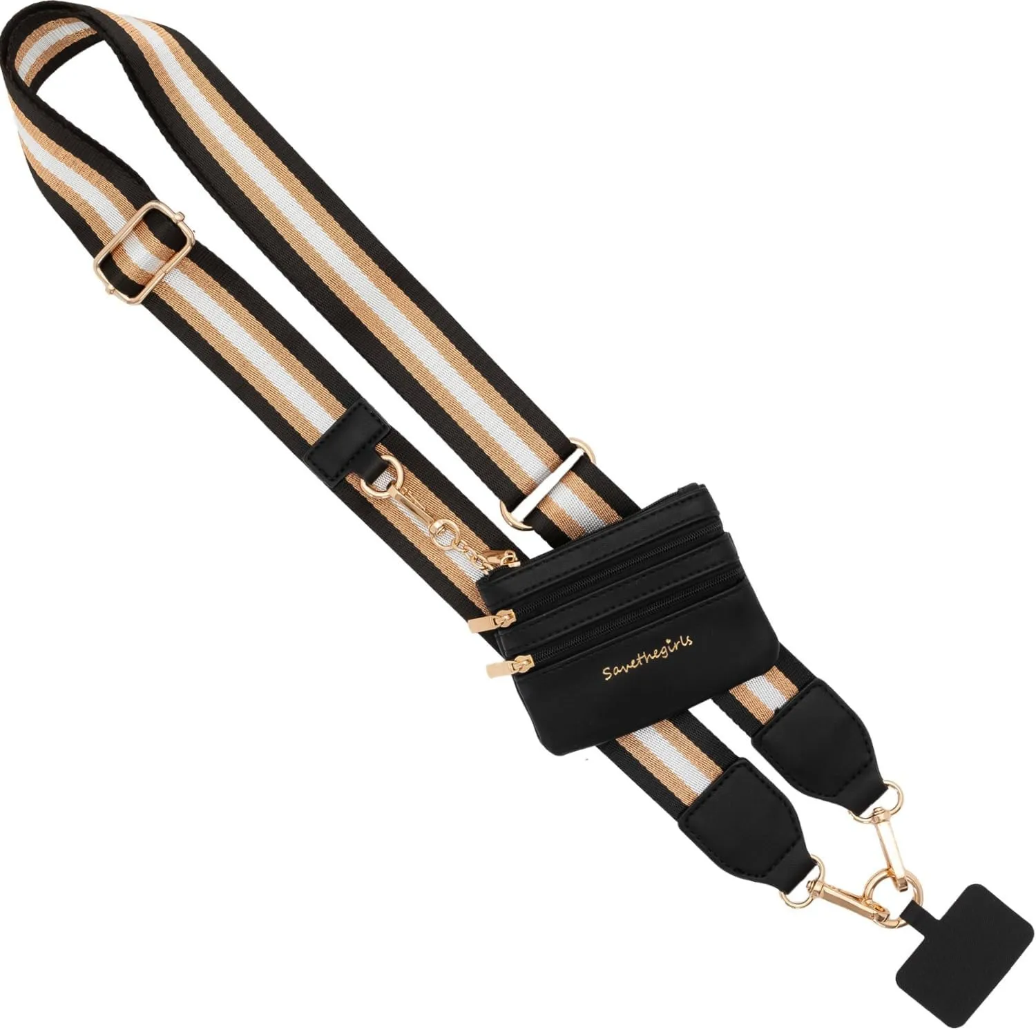 Clip & Go Bold Phone Strap (Stripe Black/Gold/White - Black Pouch) – Crossbody Phone Strap Chain with Zipper Wallet Pouch – Phone Lanyard with Zippered Pouch