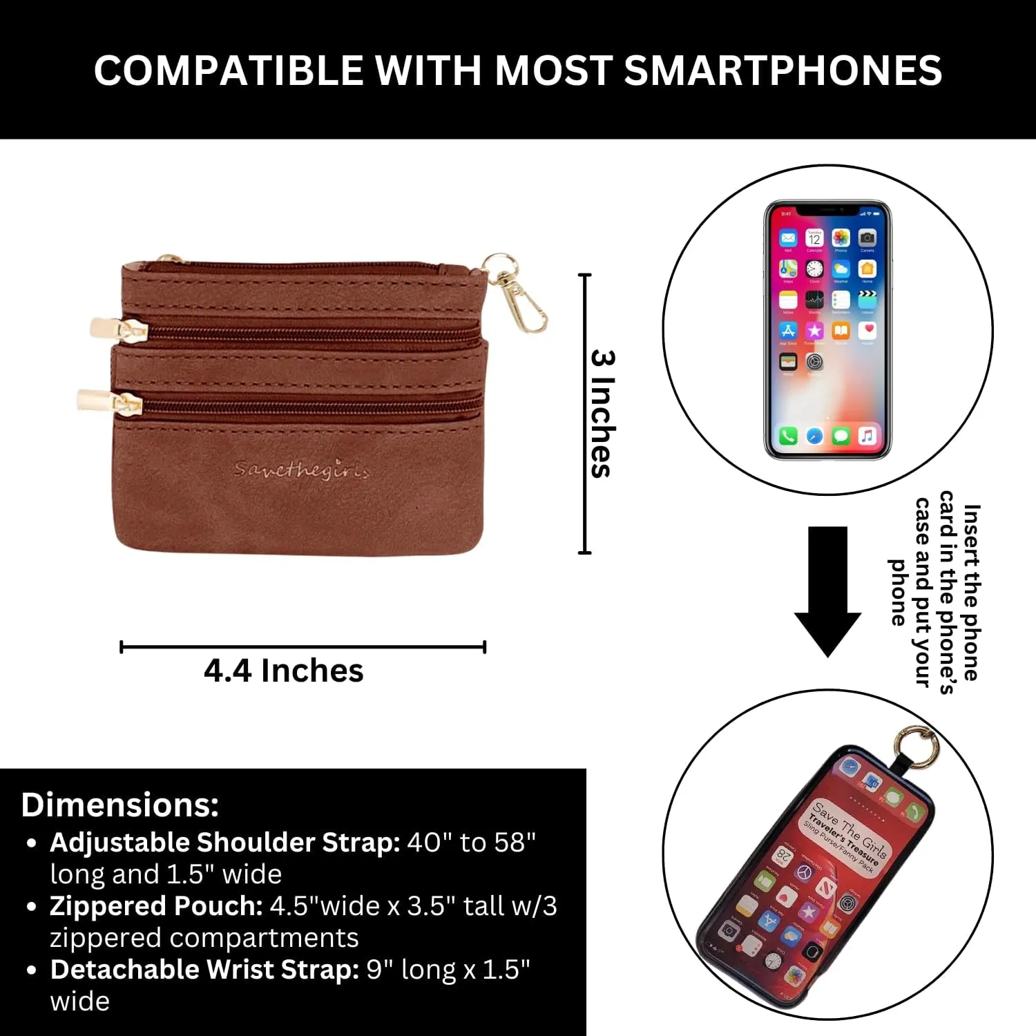 Clip & Go Bold Phone Strap (Stripe Black/Gold/White - Black Pouch) – Crossbody Phone Strap Chain with Zipper Wallet Pouch – Phone Lanyard with Zippered Pouch