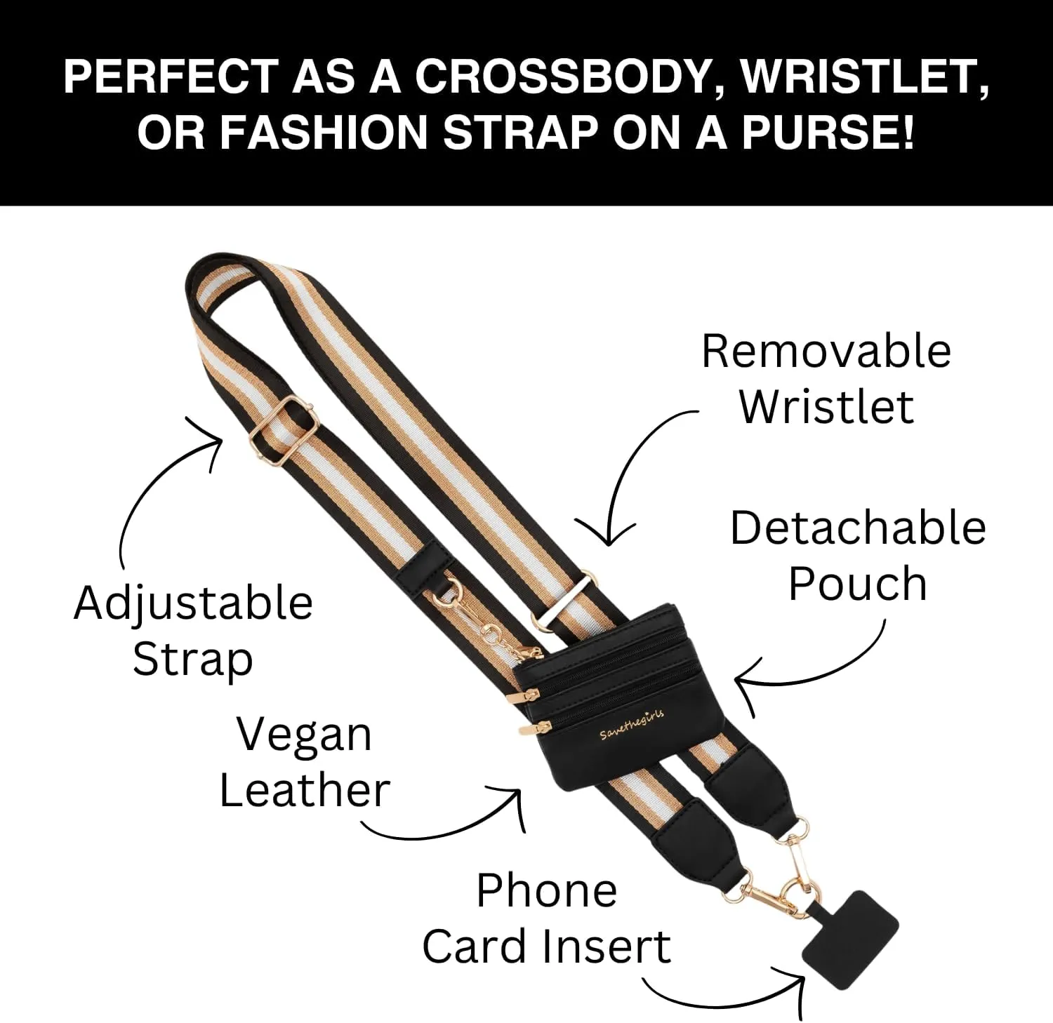 Clip & Go Bold Phone Strap (Stripe Black/Gold/White - Black Pouch) – Crossbody Phone Strap Chain with Zipper Wallet Pouch – Phone Lanyard with Zippered Pouch