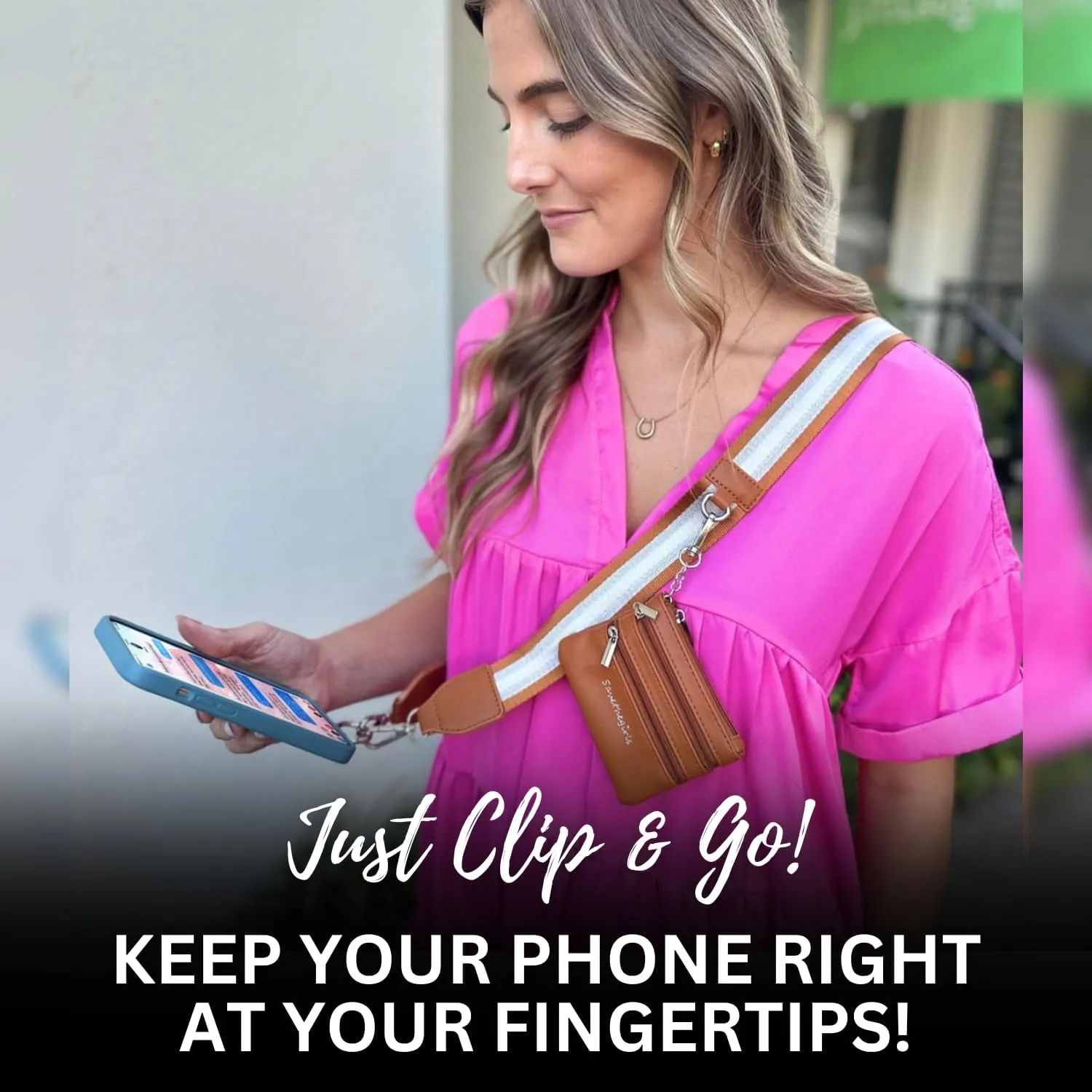 Clip & Go Bold Phone Strap (Stripe Black/Gold/White - Black Pouch) – Crossbody Phone Strap Chain with Zipper Wallet Pouch – Phone Lanyard with Zippered Pouch