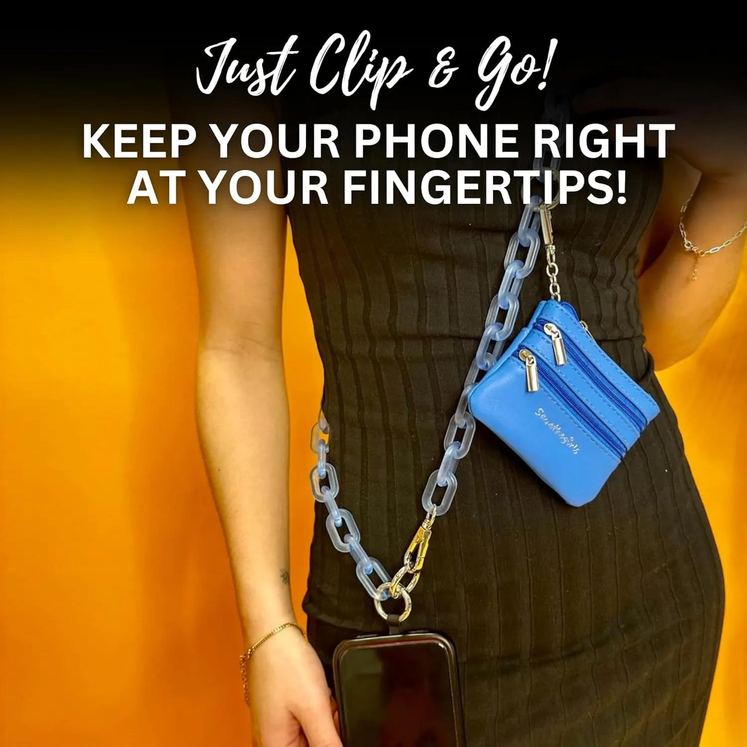 Clip and Go Phone Chain with Pouch (Ocean Blue - Blue Pouch) – Stylish Phone Lanyard Crossbody with Wallet for Women, Hands-Free Carrying and Adjustable Crossbody Chain Strap