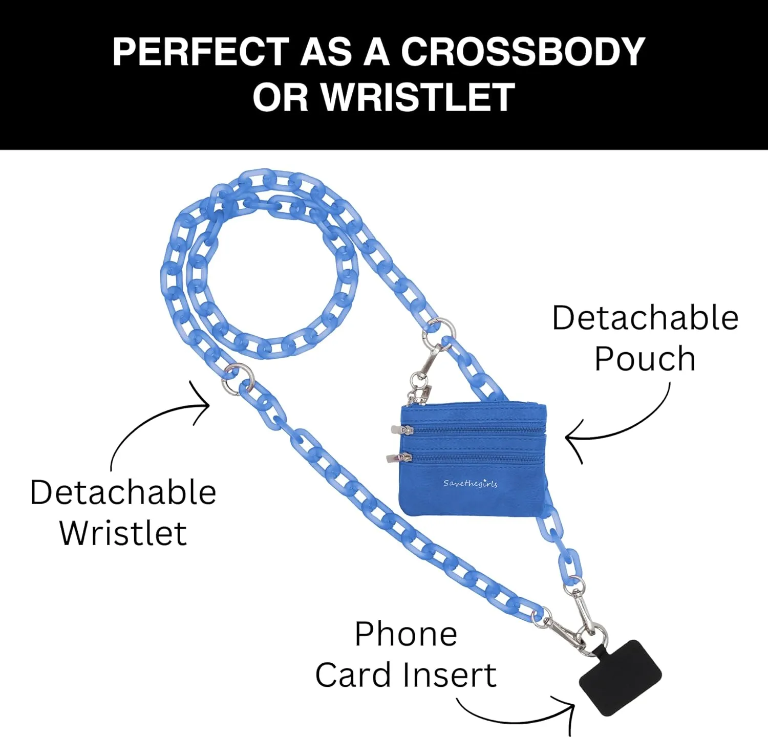 Clip and Go Phone Chain with Pouch (Ocean Blue - Blue Pouch) – Stylish Phone Lanyard Crossbody with Wallet for Women, Hands-Free Carrying and Adjustable Crossbody Chain Strap
