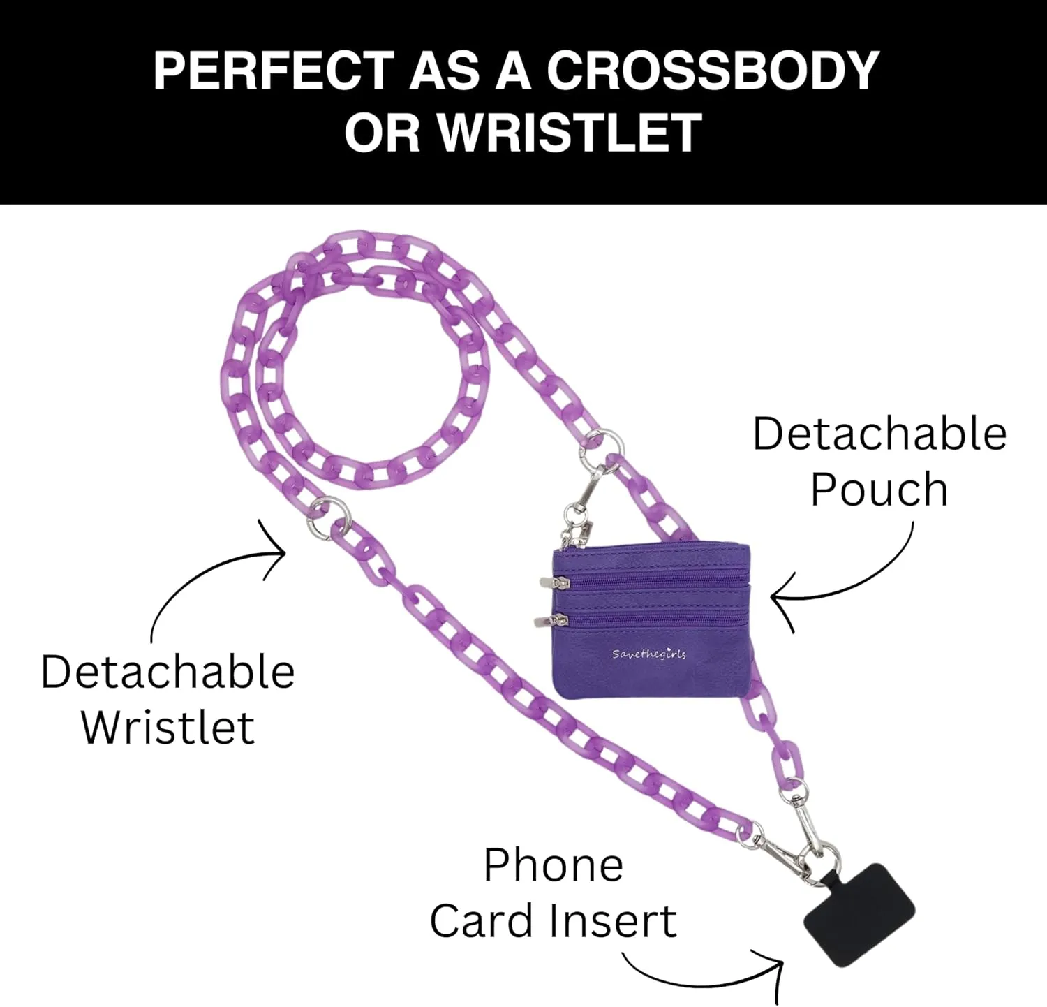 Clip and Go Phone Chain with Pouch (Purple - Purple Pouch) – Stylish Phone Lanyard Crossbody with Wallet for Women, Hands-Free Carrying and Adjustable Crossbody Chain Strap