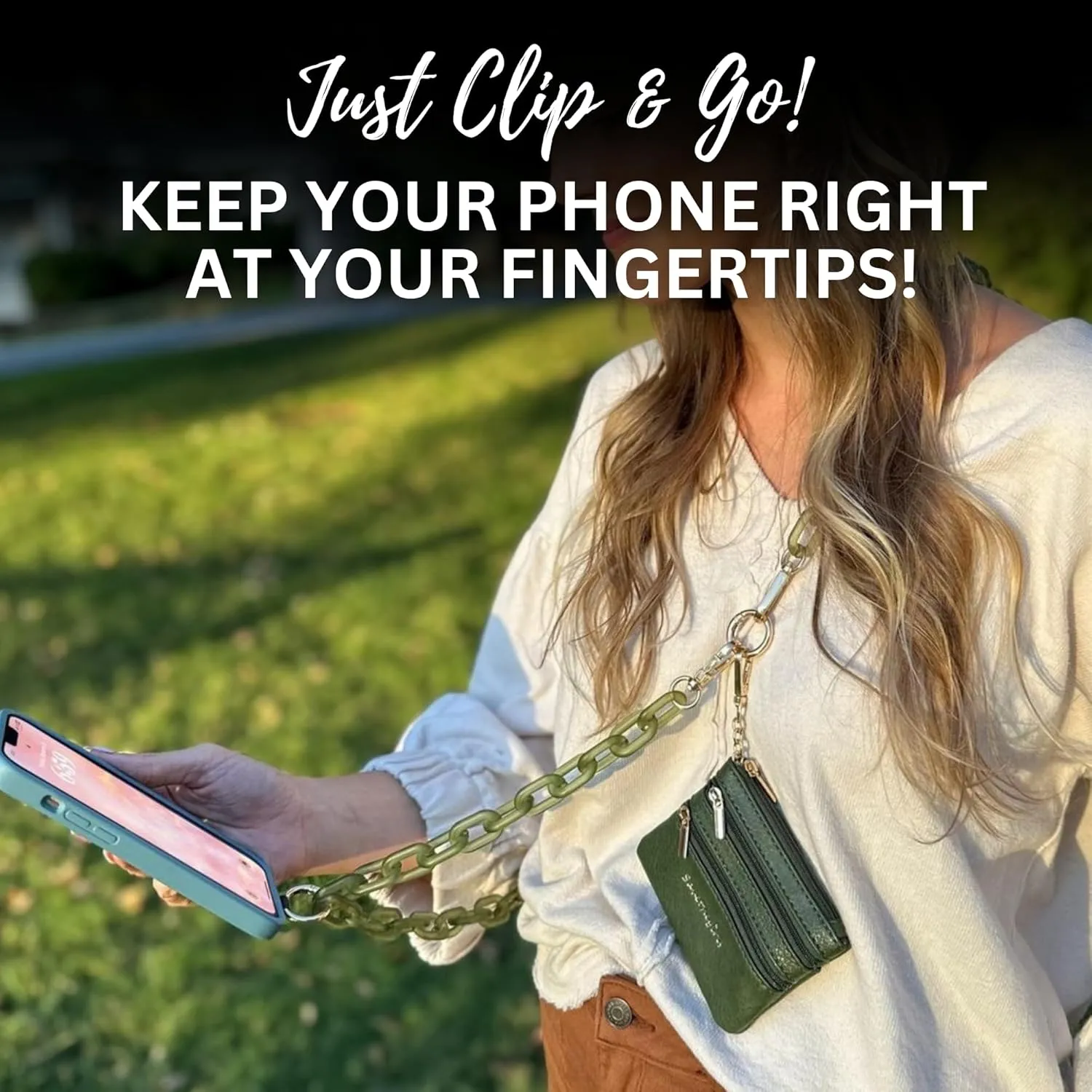 Clip and Go Phone Chain with Pouch (Purple - Purple Pouch) – Stylish Phone Lanyard Crossbody with Wallet for Women, Hands-Free Carrying and Adjustable Crossbody Chain Strap