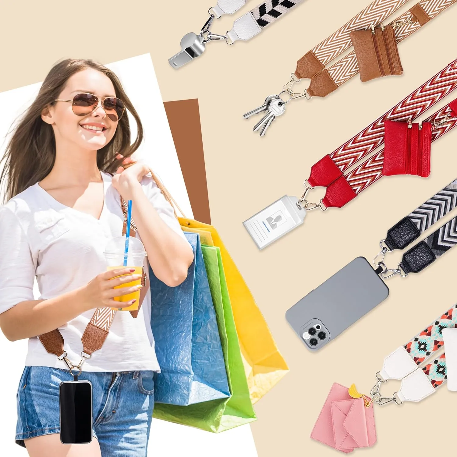 Clip and Go Strap for Phone with Wallet Crossbody Lanyard Adjustable Strap with Zipper Pouch Fit for All Phones-Brown Stripe
