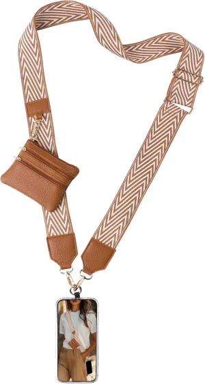 Clip and Go Strap for Phone with Wallet Crossbody Lanyard Adjustable Strap with Zipper Pouch Fit for All Phones-Brown Stripe