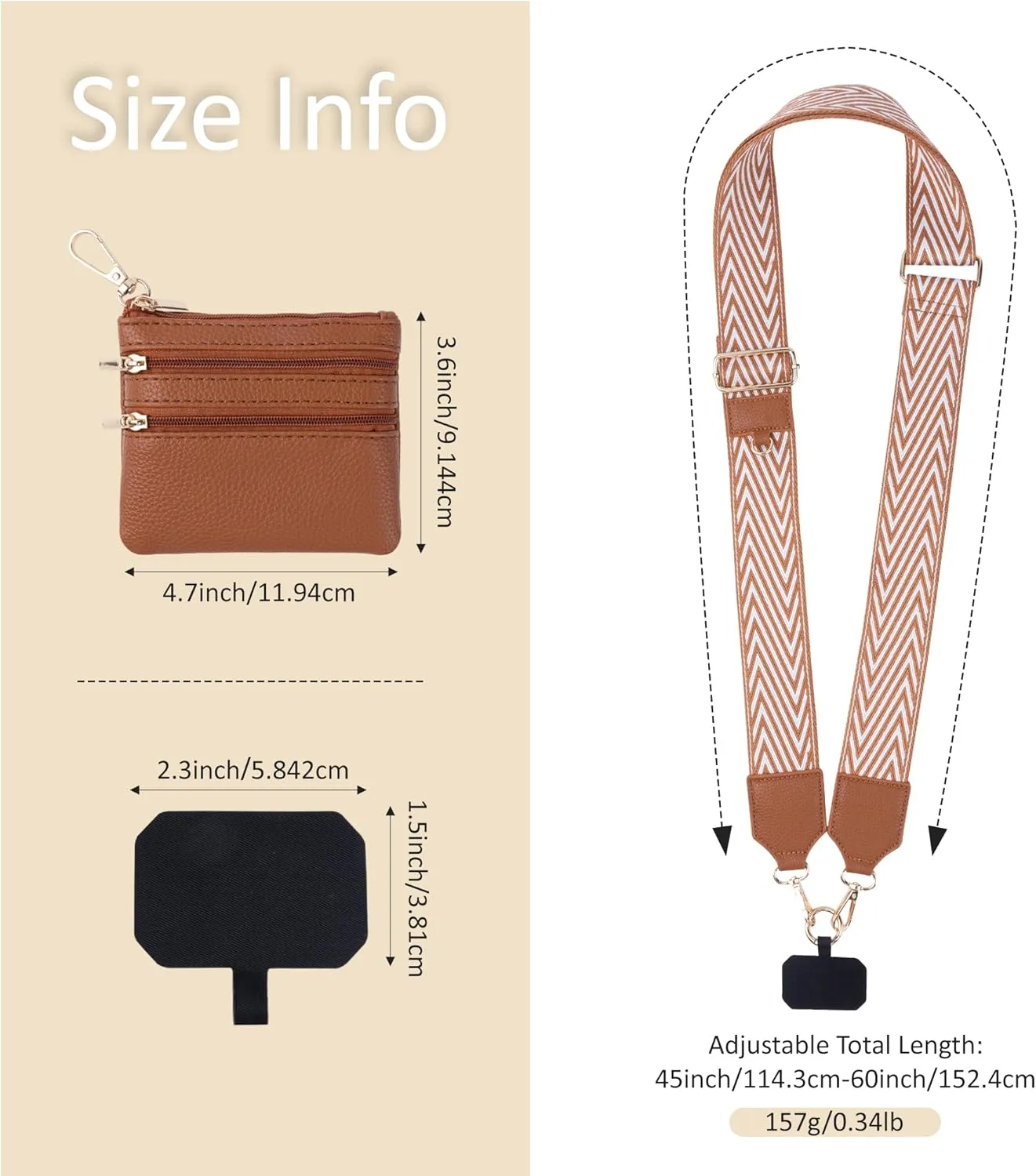Clip and Go Strap for Phone with Wallet Crossbody Lanyard Adjustable Strap with Zipper Pouch Fit for All Phones-Brown Stripe