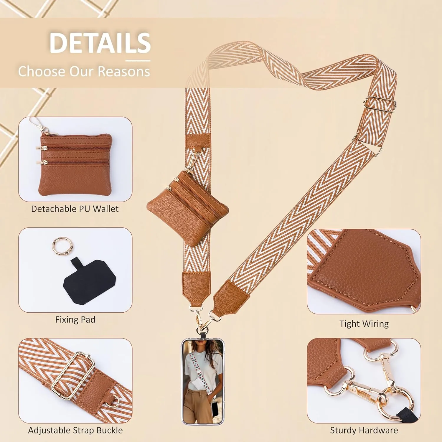 Clip and Go Strap for Phone with Wallet Crossbody Lanyard Adjustable Strap with Zipper Pouch Fit for All Phones-Brown Stripe