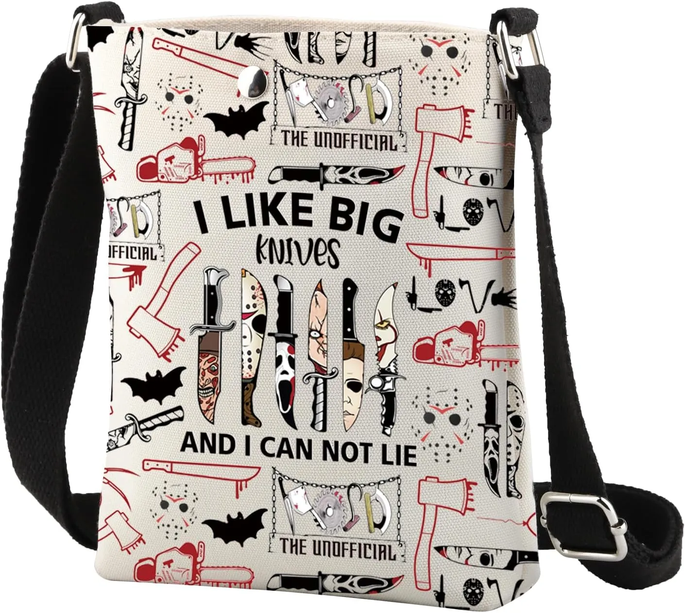 CMNIM Horror Movie Crossbody Bag Scary Movie Gifts for Horror Fan I Like Big Knives and I Can Not Lie Halloween Party Gift